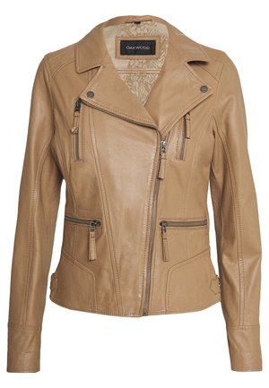 Lys brun læder bikerjakke med asymmetrisk lynlås foran, fire lynlåslommer og syningspaneldetaljer, mærket Oakwood.