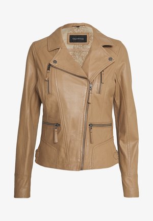 Giacca da motociclista in pelle color cuoio con zip frontale asimmetrica, quattro tasche con zip e dettagli a pannelli cuciti, marchiata Oakwood.