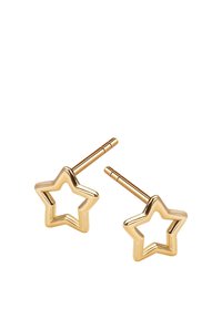 Złote kolczyki w kształcie gwiazdy o pustym wzorze. Posiadają gładkie wykończenie i prosty rygiel, zapewniający bezpieczne noszenie.