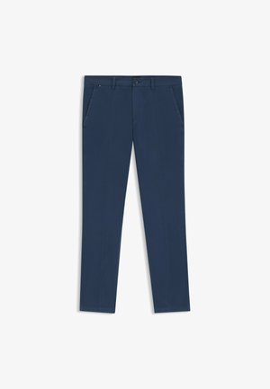 Navy blue trousers made from smooth fabric, featuring a slim fit, two side pockets, and a single front button closure.
