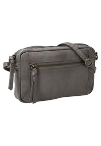 Gray leather crossbody bag with a textured finish, featuring a front zip pocket and adjustable strap with buckle detail.