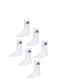 White athletic socks featuring ribbed cuffs and a navy blue logo. Six pairs displayed, each with a smooth texture and crew length design.