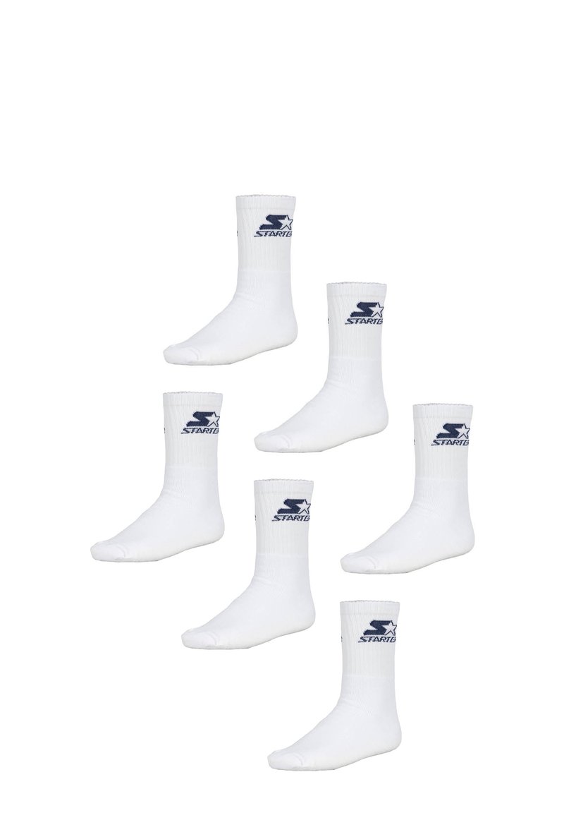 White athletic socks featuring ribbed cuffs and a navy blue logo. Six pairs displayed, each with a smooth texture and crew length design.