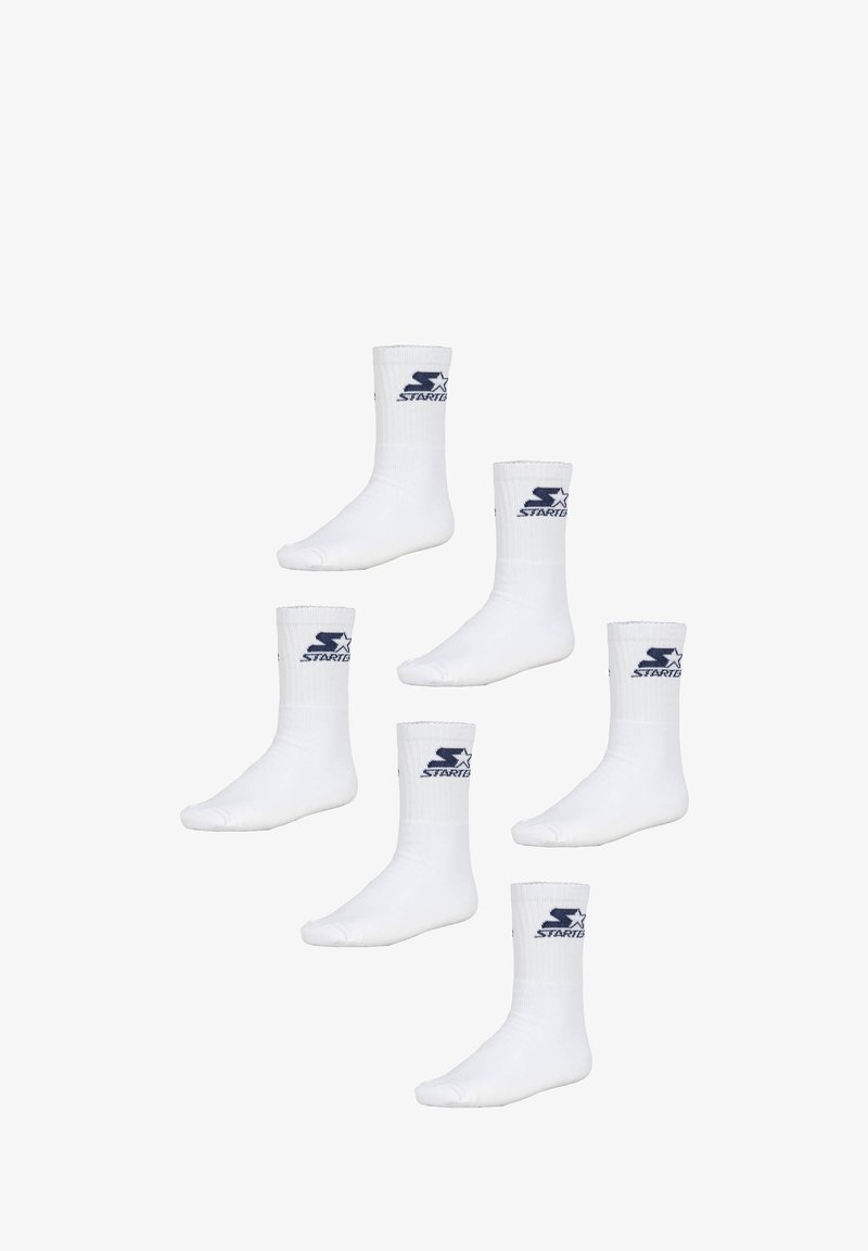 White athletic socks featuring ribbed cuffs and a navy blue logo. Six pairs displayed, each with a smooth texture and crew length design.