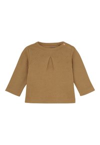 Langarm bruin babyshirt met hartvormige breipatronen, een sleutelgatdetail aan de voorkant en een drukknoopje bij de kraag.