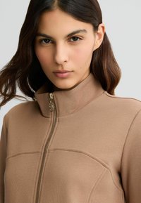 Bruine zip-up jas met hoge kraag, uitgerust met een gouden rits en een gladde, iets gestructureerde stof. Minimalistisch ontwerp met naaddetails.