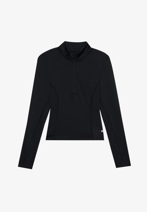 Musta pitkähihainen paita, jossa on korkea kaulus, puolivetoketju edessä ja sivusaumadetaljit. Suunniteltu mukavaksi sileästä ja joustavasta kankaasta.