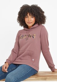 Relaxed-fit, mauve hoodie with a front kangaroo pocket, drawstring hood, and floral pattern on the chest; soft fabric with ribbed cuffs.