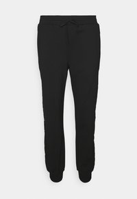 Černé teplákové kalhoty s elastickým pasem, šňůrkou na zavazování, manžetami na kotnících a jemným bočním zdobením.