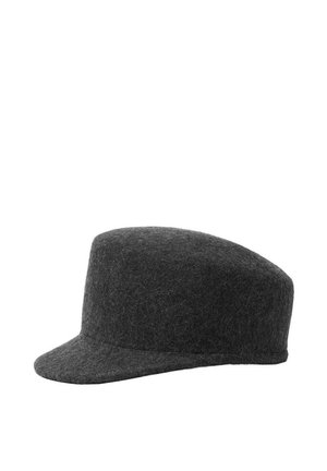 Casquette militaire en laine gris foncé avec dessus plat et petite visière arrondie, présentée sur fond blanc.