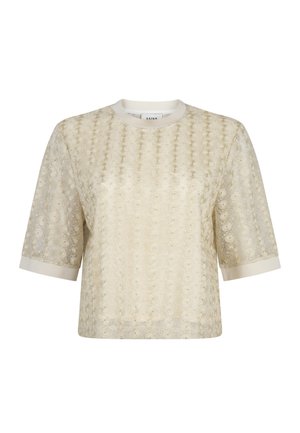 Crèmekleurige korte mouwen blouse met gestructureerd bloemenkantpatroon en effen afwerking op de kraag en mouwboorden.