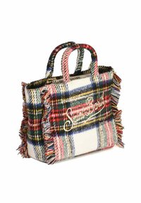 Wollen plaid draagtas met patronen in rood, groen, blauw en wit. Franje randen met gouden "Saint Barth" logo aan de voorkant. Dubbele handgrepen.