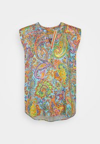 Kurzärmlige Bluse mit einem lebhaften Paisleymuster in Blau, Orange, Grün und Lila. Sie hat einen entspannten Ausschnitt und einen abgerundeten Saum.