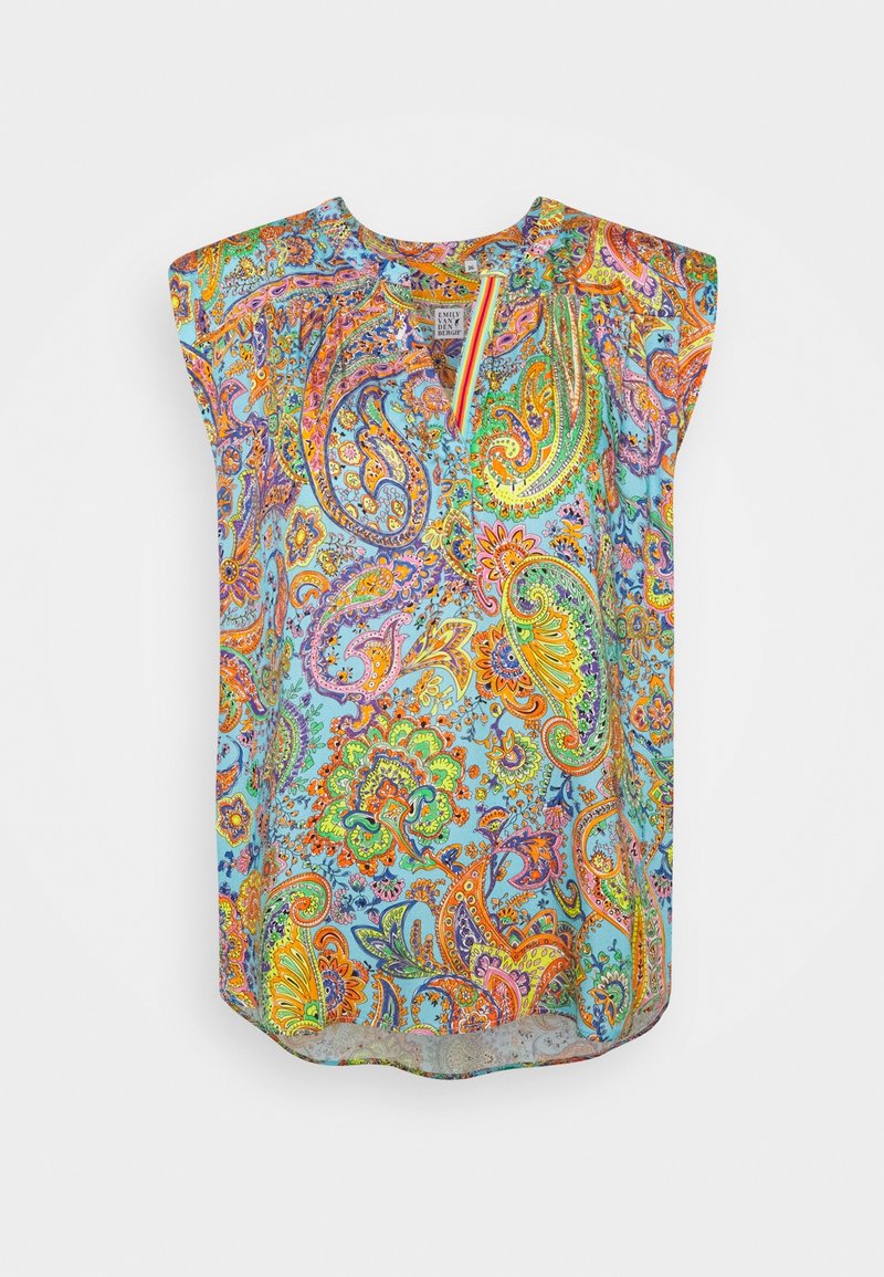 Blusa a maniche corte con un vivace motivo paisley in blu, arancione, verde e viola. Caratterizzata da un collo rilassato e un orlo arrotondato.