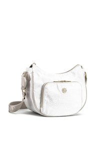 Borsa crossbody bianca con motivo floreale testurizzato, hardware dorato, compartimento principale con zip e tasca frontale con dettaglio del logo.