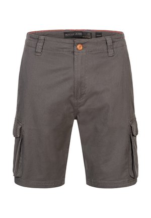 Grijze cargoshorts van duurzame stof, met twee zijzakken, een knoopsluiting en een gestikte tailleband. Glad van structuur.