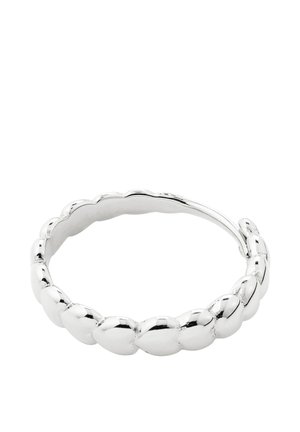 Silver hoop earring with a textured, bead-like design along the outer edge on a white background.