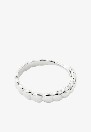 Silver hoop earring with a textured, bead-like design along the outer edge on a white background.