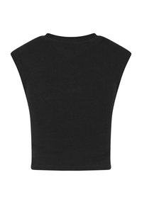 Schwarzes, kurzärmeliges Crop-Top mit glatter Textur und rundem Ausschnitt. Verfügt über breite Schultern und einen figurbetonten Saum. Keine Muster oder Akzente.