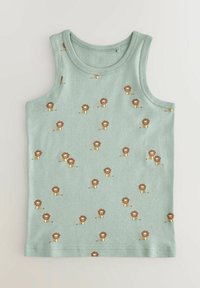 Canotta verde chiaro con un motivo di leoni giocosi in marrone e crema. Realizzata in tessuto morbido con un design classico senza maniche.