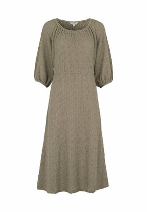 Taupefarbenes Midi-Kleid aus strukturiertem Stoff, mit rundem Ausschnitt, gerafften Puffärmeln und tailliertem Schnitt.