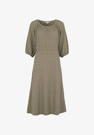 Taupefarbenes Midi-Kleid aus strukturiertem Stoff, mit rundem Ausschnitt, gerafften Puffärmeln und tailliertem Schnitt.
