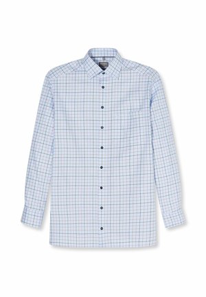Light blue long-sleeve button-up shirt with red and navy grid pattern, single chest pocket, and classic collar.