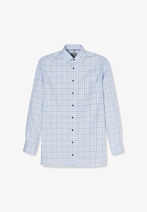 Hellblaues, langärmliges Hemd zum Knöpfen mit rot-navyfarbenem Karomuster, einer Brusttasche und klassischem Kragen.