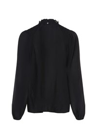 Černá blůza s dlouhým rukávem, vysokým volánkovým límečkem, nařasenými detaily na ramenou a elastickými manžetami, zobrazená zezadu na bílém pozadí.