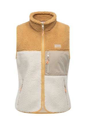 Fleece-vest med en beige overdel, cremet bund og beige lomme. Har en frontlynlås og kontrasterende gul kant. Blød tekstur, uden ærmer.