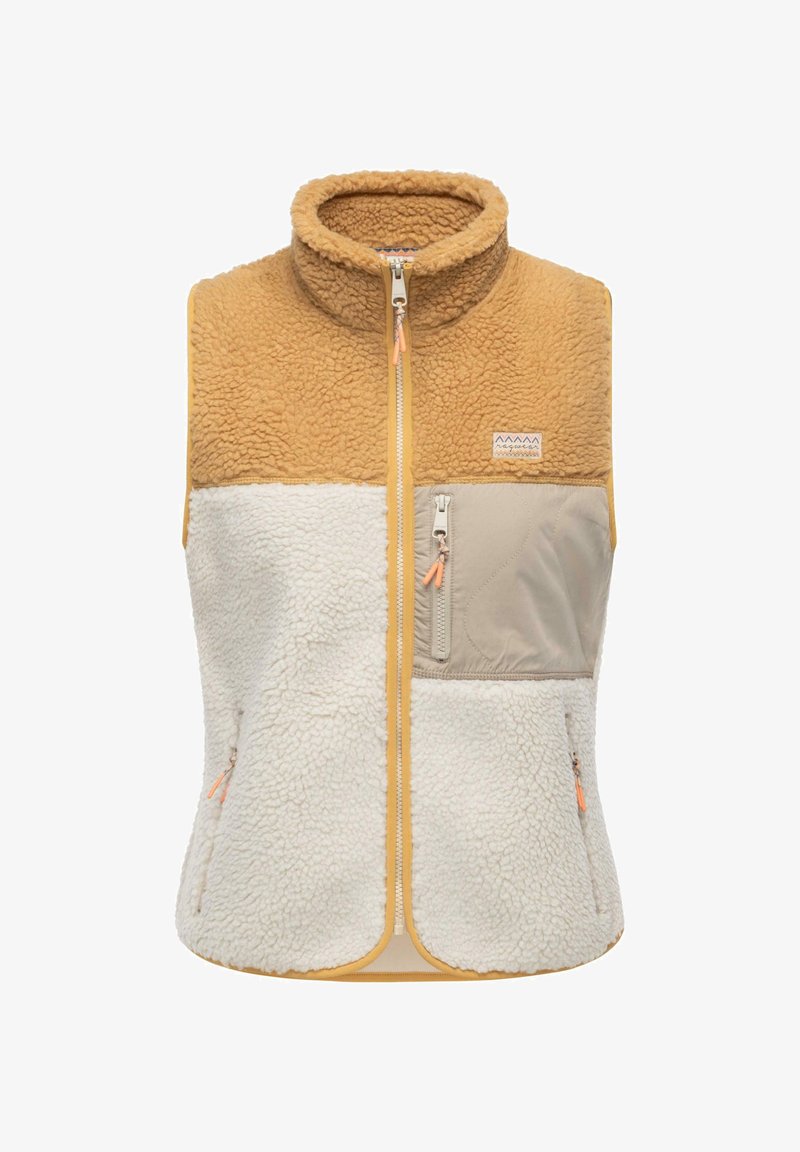 Fleece-Weste mit einem sandfarbenen oberen Teil, einem cremigen unteren Teil und einer beigen Tasche. Verfügt über einen Reißverschluss vorne und kontrastierende gelbe Akzente. Weicher Stoff, ohne Ärmel.