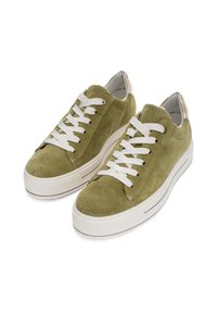 Green suede sneakers with white flat laces, rounded toe, and elevated rubber sole. Light tan accents on the heel counter.