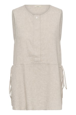 Ærmeløs beige linnedtunika med rund halsudskæring, enkelt knap foran og justerbare sideremme til taljemodel.