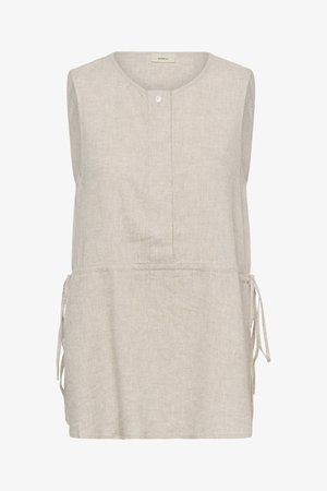 Ærmeløs beige linnedtunika med rund halsudskæring, enkelt knap foran og justerbare sideremme til taljemodel.