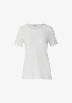 Witte t-shirt met korte mouwen, ronde halslijn, zachte katoenstof, opgerolde mouwen en een ontspannen pasvorm. Minimalistisch ontwerp zonder patronen of accenten.