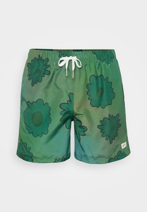 Groene zwembroek met een bloemenpatroon, voorzien van donkergroene bloemen met zwarte omranding. Elastische tailleband met een witte trekkoord en logolabel.