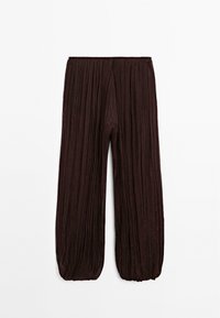 Dunkelbraune, plissierte Hose mit weitem Bein und elastischem Bund. Geschmeidige Textur mit vertikalen Falten im gesamten Stoff.