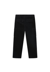 Schwarze Cord Cargo-Hosen mit geradem Bein, ausgestattet mit zwei Gesäßtaschen und zwei Seitentaschen, die eine vertikale Rippstruktur aufweisen.