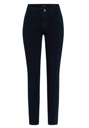 Jeans en denim bleu foncé avec une coupe slim, dotés de poches avant, d'une fermeture à bouton doré et d'une texture lisse. Pas de motifs ni d'accents visibles.