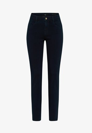 Dunkelblaue Jeans in Slim Fit, mit Fronttaschen, einem goldenen Knopfverschluss und glatter Textur. Keine sichtbaren Muster oder Akzente.