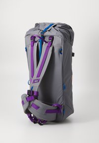 Gray backpack featuring purple straps and blue accents, made from durable material with a roll-top closure and adjustable harness system.