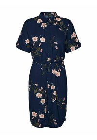 Abito camicia blu navy in tessuto leggero, con un motivo floreale in rosa e verde, maniche corte e dettaglio della vita con cintura.