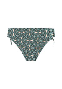 Vihreä bikinihousu, jossa on persikanvärinen geometrinen kuvio, sivuilla solmittavat nauhat ja sileä, joustava kangas.