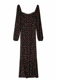 Abito nero con maniche lunghe a sbuffo, motivo floreale in rosso e verde, e orlo svasato. Tessuto morbido, scollatura quadrata e silhouette aderente.