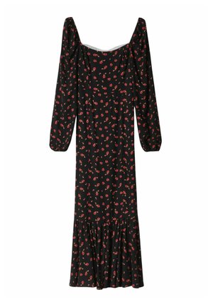 Abito nero con maniche lunghe a sbuffo, motivo floreale in rosso e verde, e orlo svasato. Tessuto morbido, scollatura quadrata e silhouette aderente.