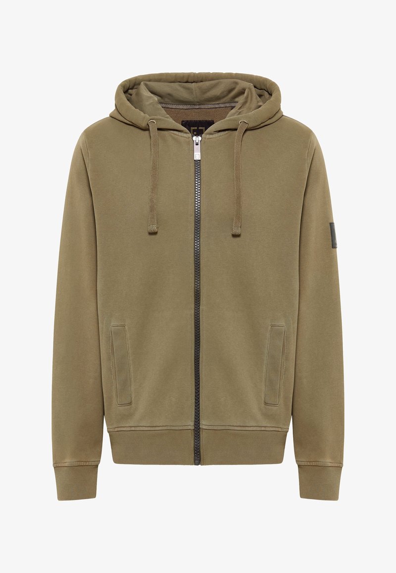 Felpa zip nera verde oliva in tessuto morbido con cappuccio, due tasche laterali, polsini a coste e zip con accenti neri.