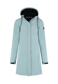 Lichtblauwe waterdichte jas met een capuchon, contrasterende zwarte voering en met rits afsluitbare zakken. Beschikt over bruine accenten en verstelbare trekkoorden.
