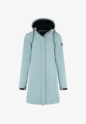 Veste imperméable bleu clair avec capuche, doublure noire contrastante et poches zippées. Présente des accents marron et des cordons de serrage réglables.