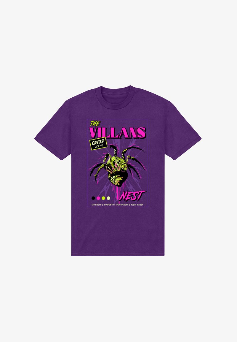 Fialové bavlněné tričko s grafickým designem pavouka s živými zelenými a černými detaily, text v jasně růžové, žluté a bílé barvě.