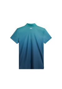 Poloshirt in een gradient teal stof met een korte kraag en een subtiele logo op de bovenrug. Zachte textuur en korte mouwen.